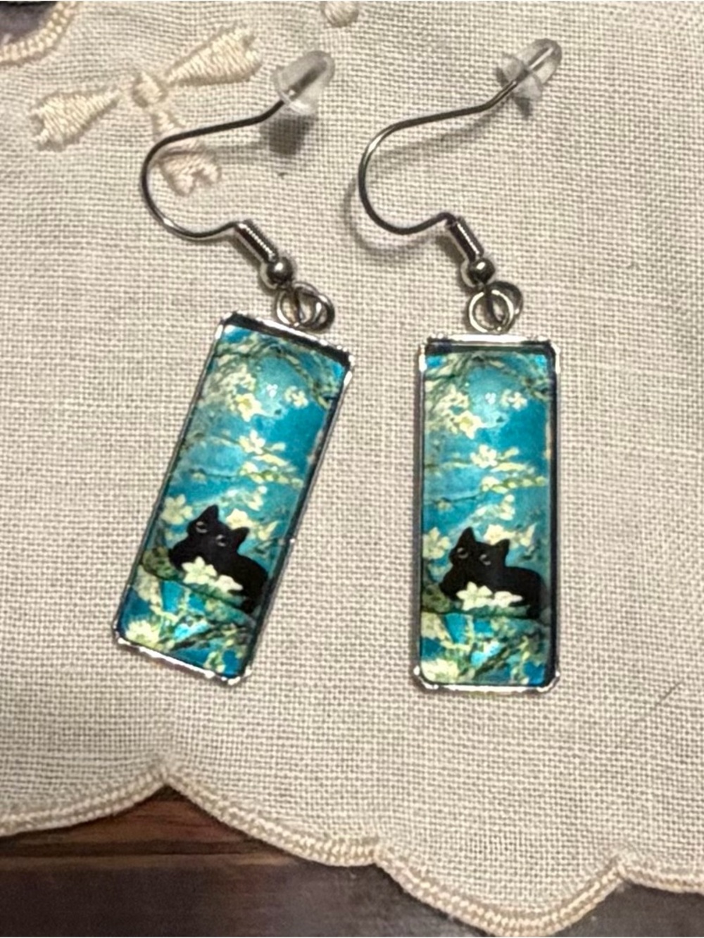 New Black Cat Floral Rectangle Drop Earrings-Art Design
